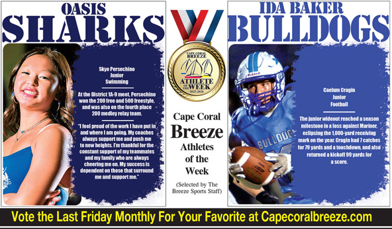 Athletes of the Week | Oct. 31 | Oasis Shark swimmer Skye Persechino & Ida Baker Bulldog wideout Caelum Cragin